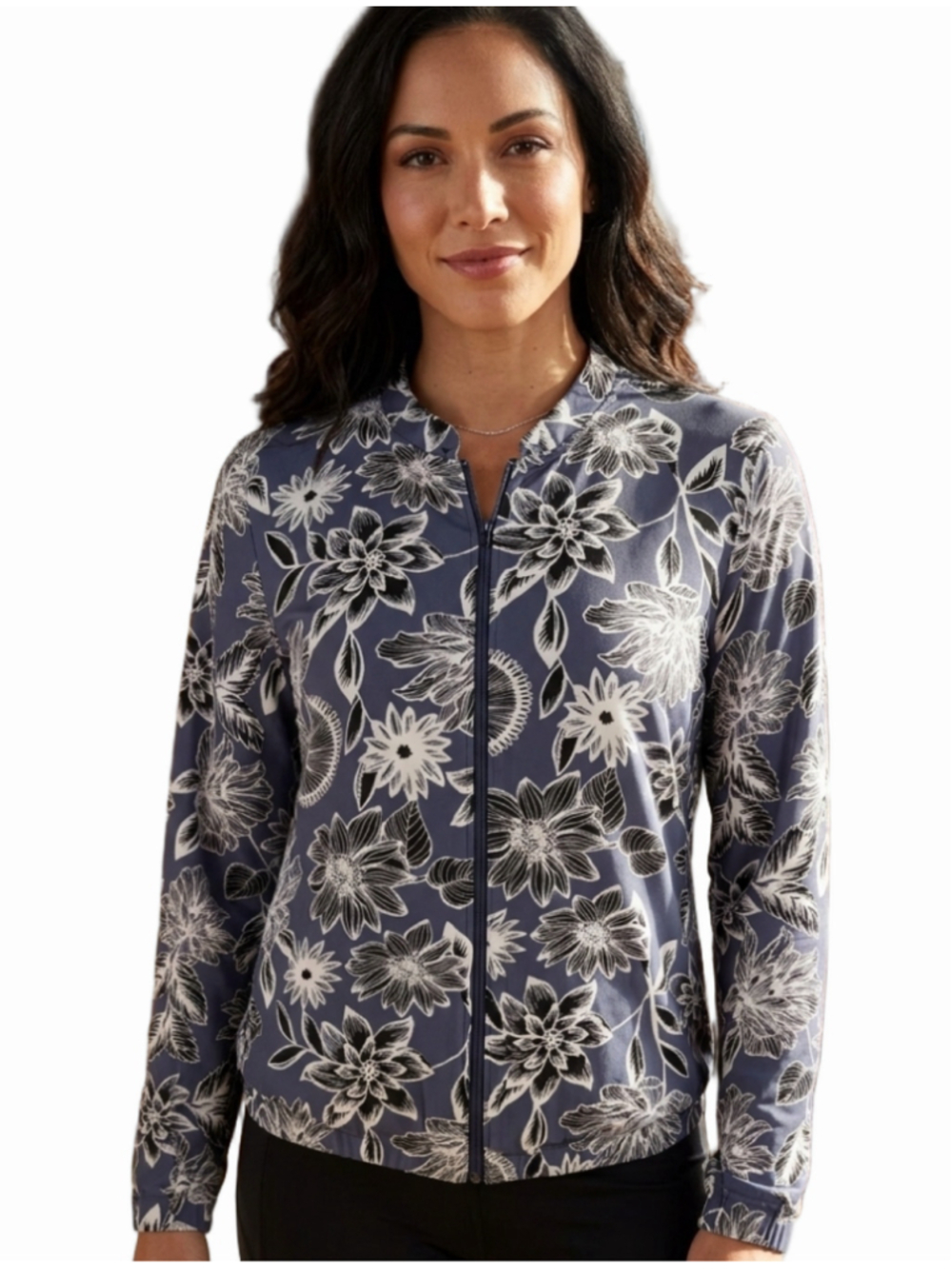 ICHI Women's Floral Zip Up Bomber Jacket Lightweight Navy Blue Bold Print L 2035
